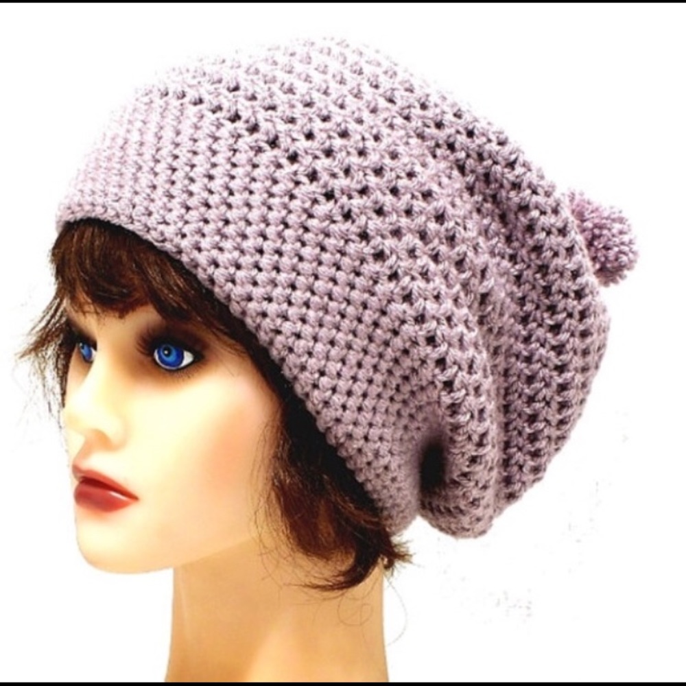 Crochet Slouch Beanie with Pom Pom Handmade Boho Winter Fashion Retro Cozy